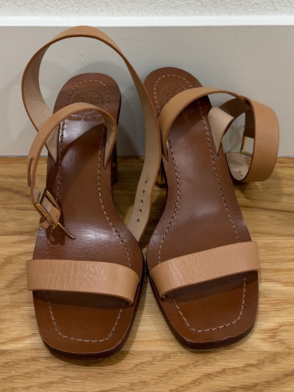 Tory Burch Tan Leather Square-Toe Ankle-Strap Heels